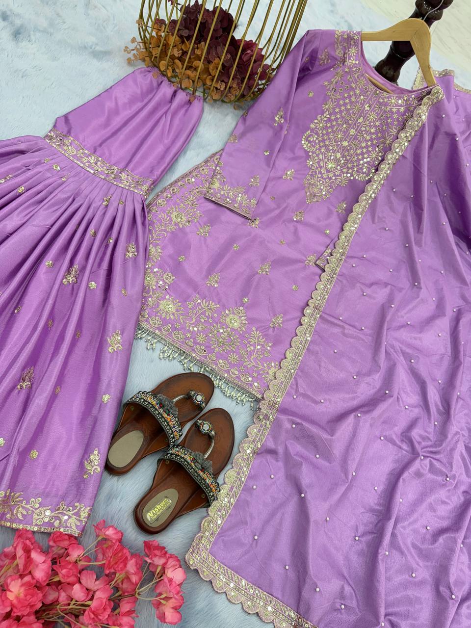 Purple Premium Designer Party Wear Chinon Silk Top, Plazzo & Dupatta Set