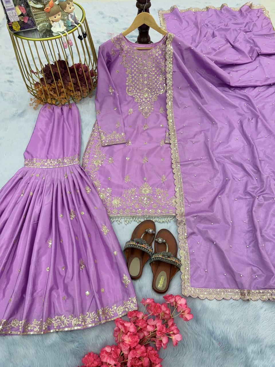 Purple Premium Designer Party Wear Chinon Silk Top, Plazzo & Dupatta Set