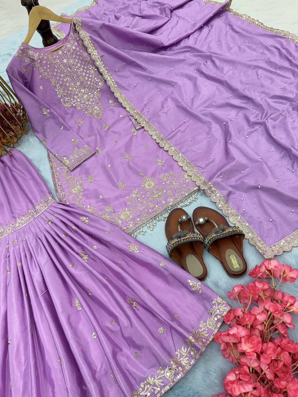 Purple Premium Designer Party Wear Chinon Silk Top, Plazzo & Dupatta Set