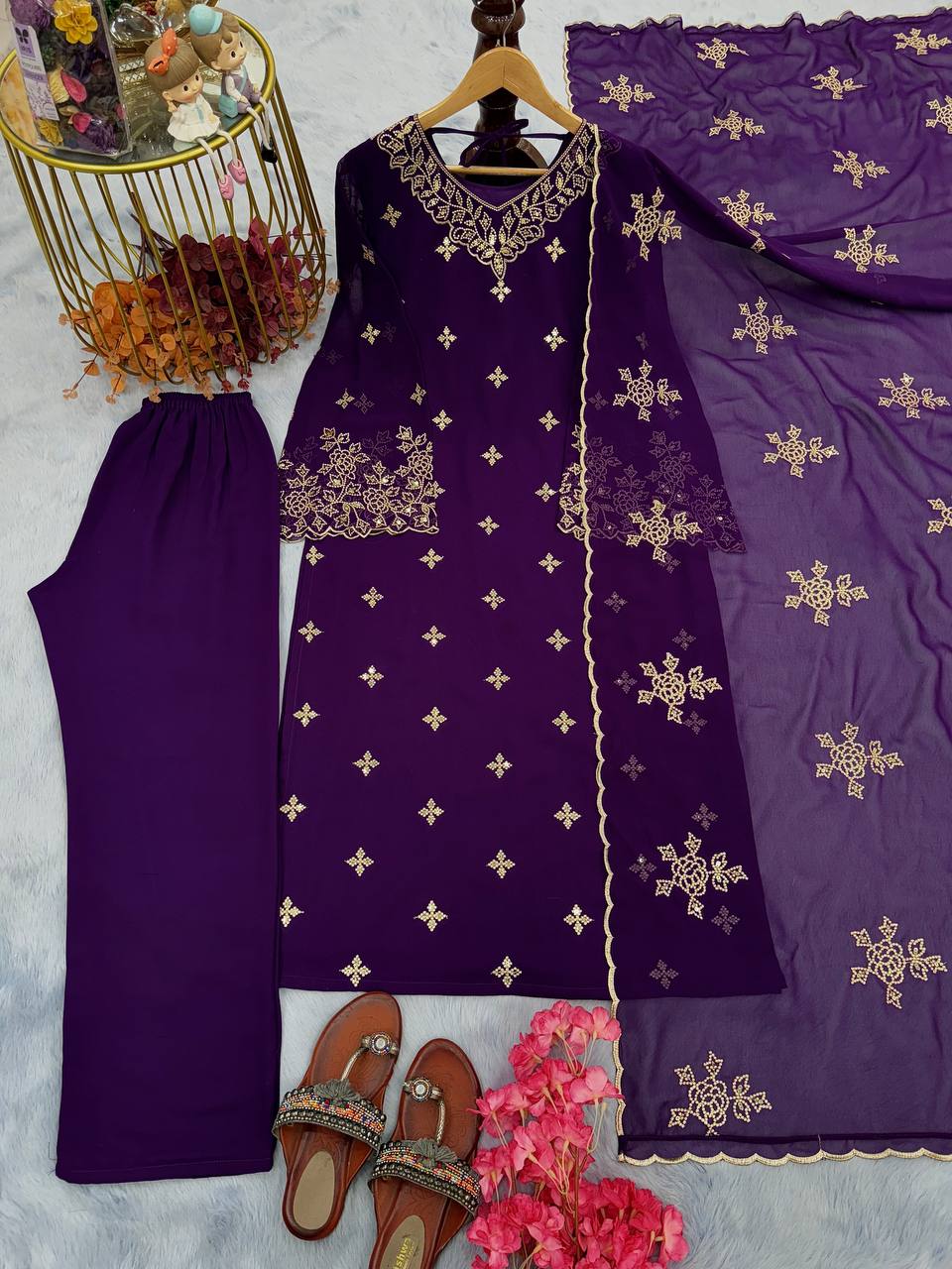 Purple Premium Designer Party Wear Faux Georgette Top, Bottom & Dupatta Set