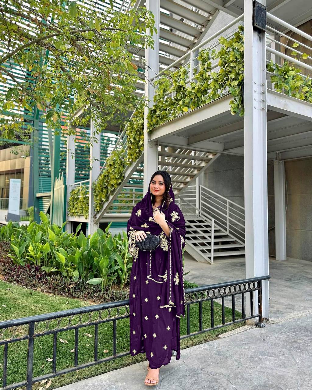 Purple Premium Designer Party Wear Faux Georgette Top, Bottom & Dupatta Set
