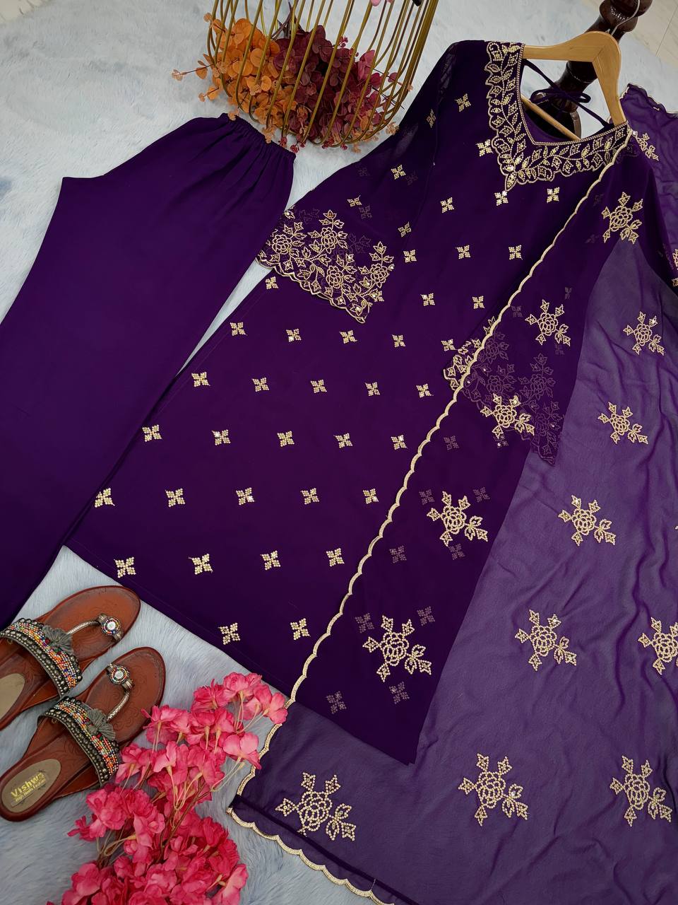 Purple Premium Designer Party Wear Faux Georgette Top, Bottom & Dupatta Set