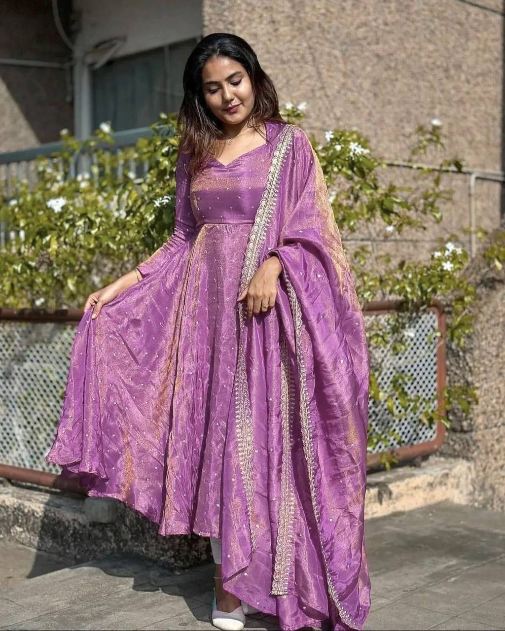 Purple Premium Designer Party Wear Pur Twil Gold Net Anarkali Gown, Dupatta Set – Elegant Festive Look