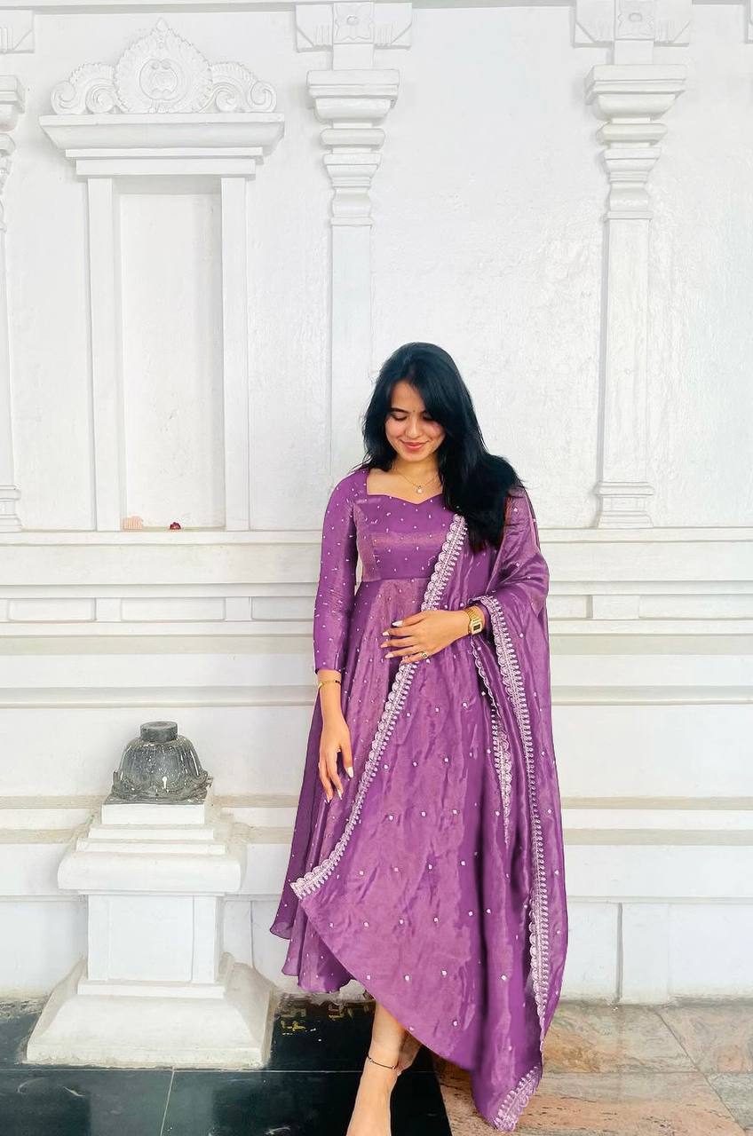 Purple Premium Designer Party Wear Pur Twil Gold Net Anarkali Gown, Dupatta Set – Elegant Festive Look