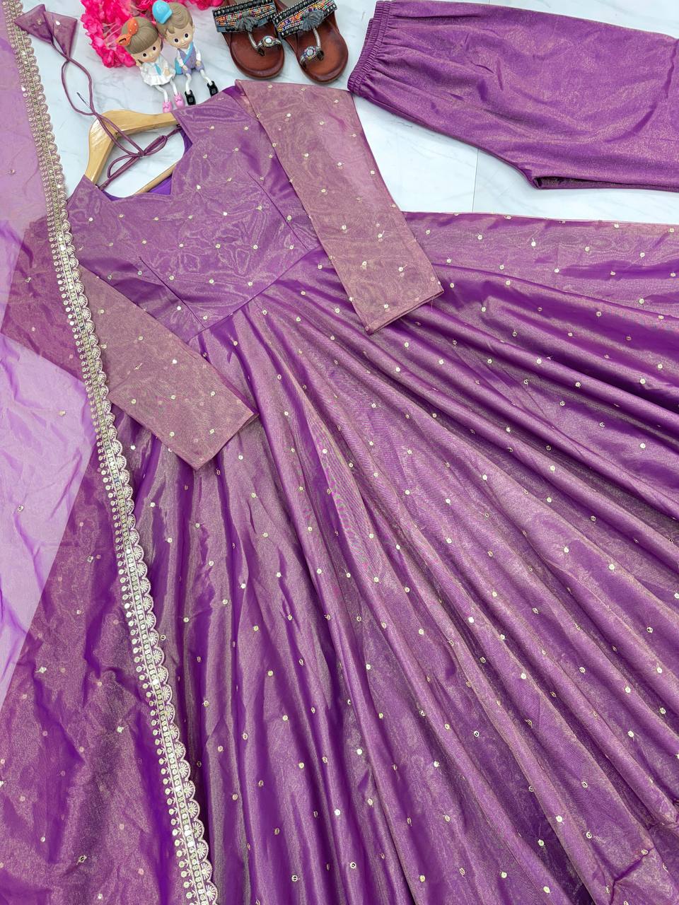 Purple Premium Designer Party Wear Pur Twil Gold Net Anarkali Gown, Dupatta Set – Elegant Festive Look