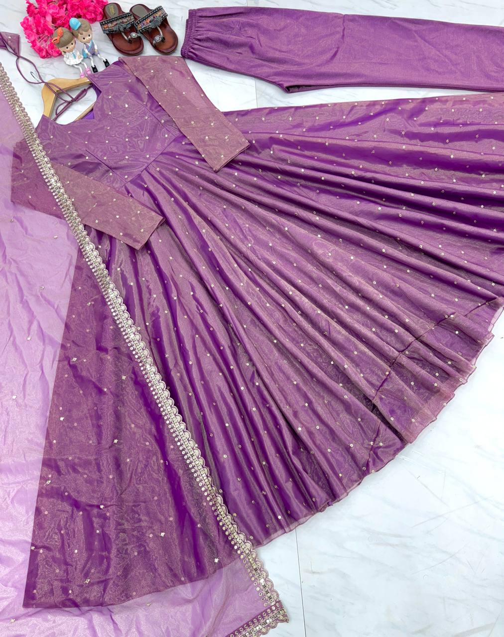 Purple Premium Designer Party Wear Pur Twil Gold Net Anarkali Gown, Dupatta Set – Elegant Festive Look