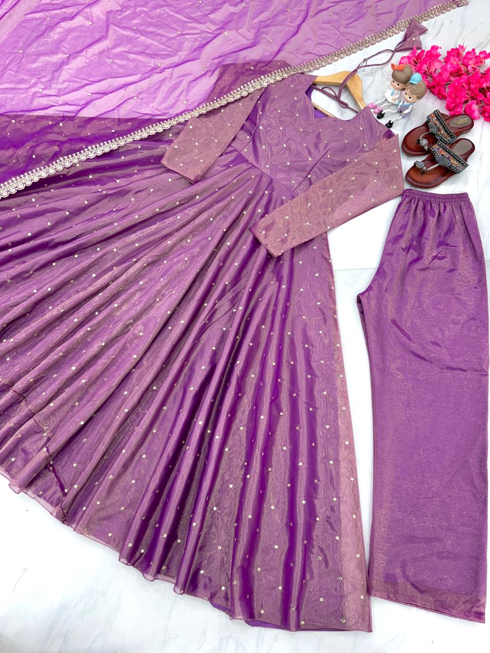 Purple Premium Designer Party Wear Pur Twil Gold Net Anarkali Gown, Dupatta Set – Elegant Festive Look
