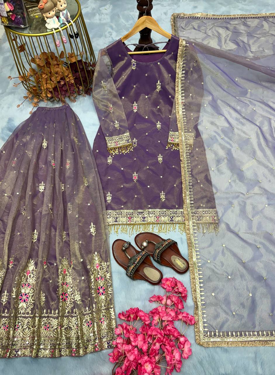 Purple Premium Designer Party Wear Top, Plazzo & Dupatta Set - Pur Twil Gold Net Collection