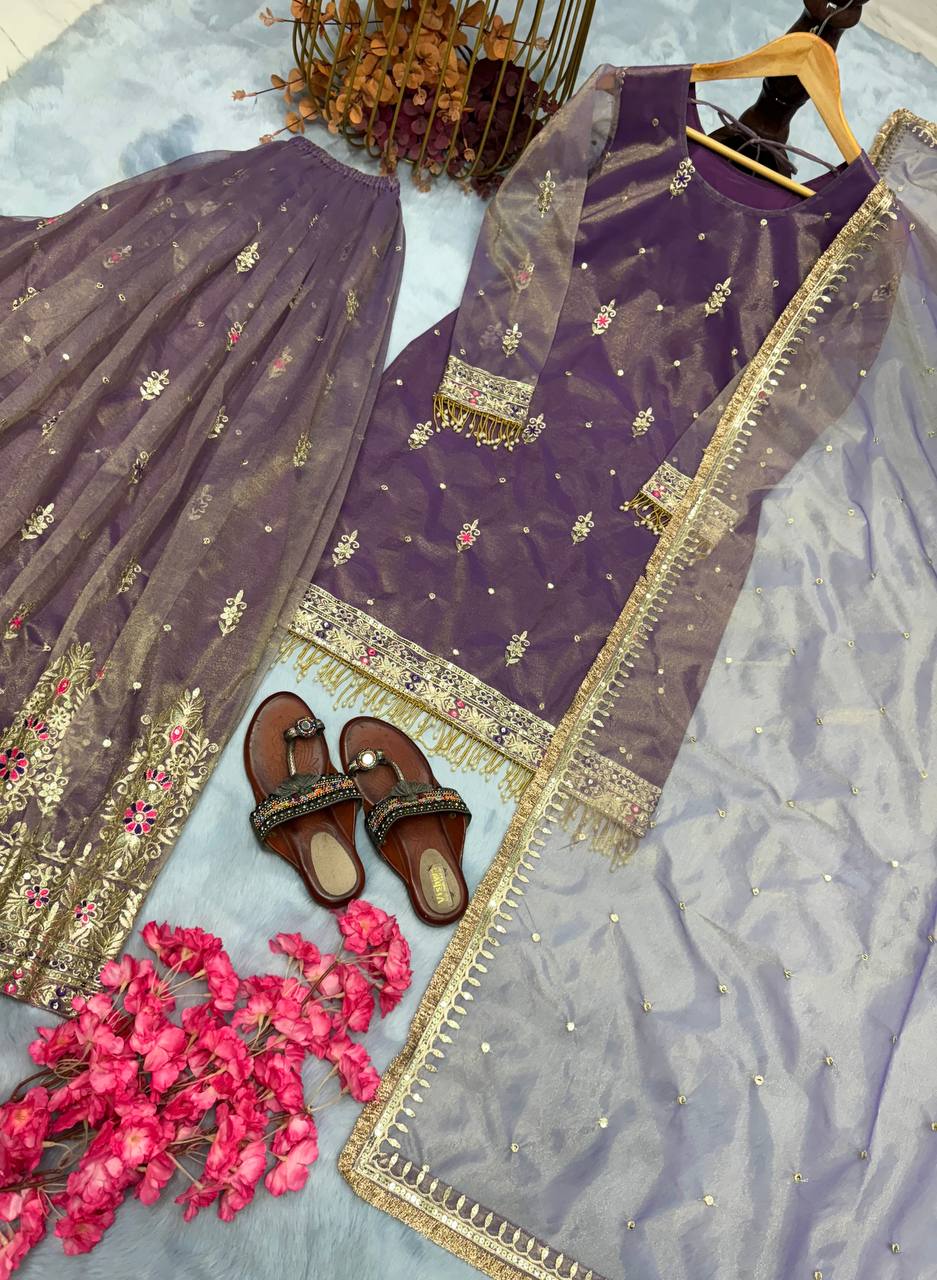 Purple Premium Designer Party Wear Top, Plazzo & Dupatta Set - Pur Twil Gold Net Collection