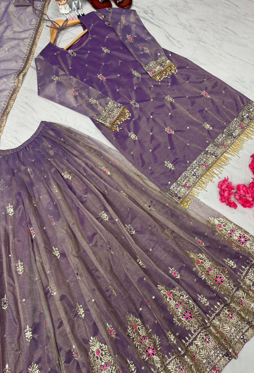 Purple Premium Designer Party Wear Top, Plazzo & Dupatta Set - Pur Twil Gold Net Collection