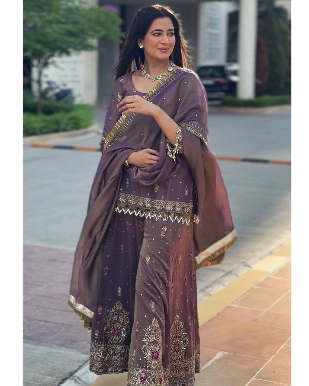 Purple Premium Designer Party Wear Top, Plazzo & Dupatta Set - Pur Twil Gold Net Collection