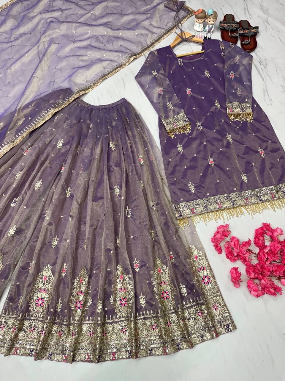Purple Premium Designer Party Wear Top, Plazzo & Dupatta Set - Pur Twil Gold Net Collection