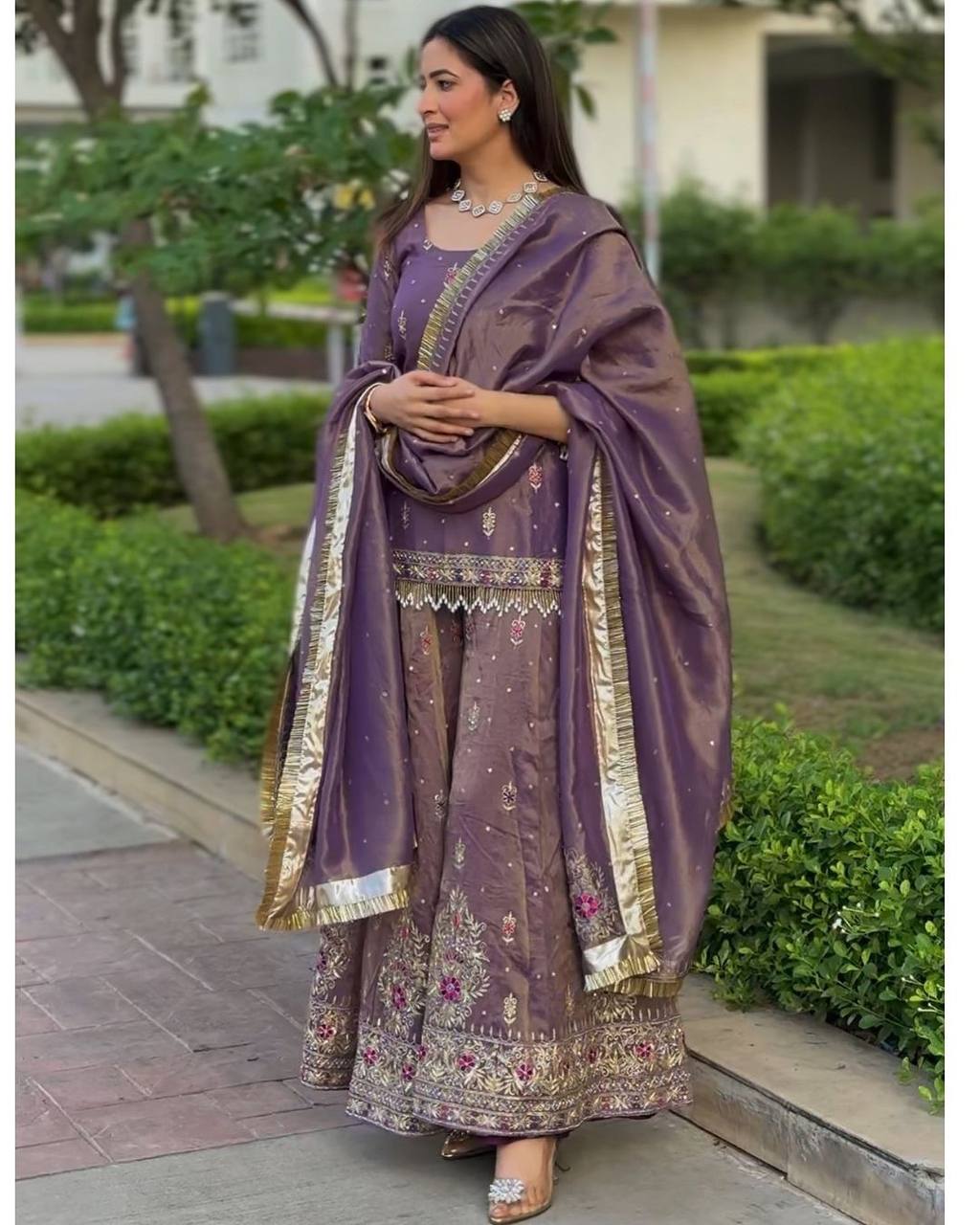 Purple Premium Designer Party Wear Top, Plazzo & Dupatta Set - Pur Twil Gold Net Collection