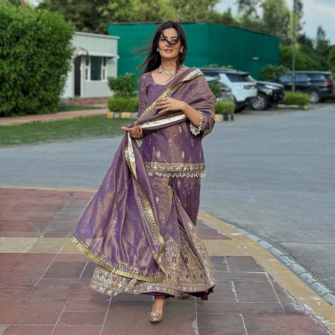 Purple Premium Designer Party Wear Top, Plazzo & Dupatta Set - Pur Twil Gold Net Collection