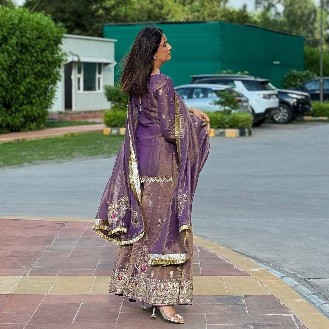 Purple Premium Designer Party Wear Top, Plazzo & Dupatta Set - Pur Twil Gold Net Collection