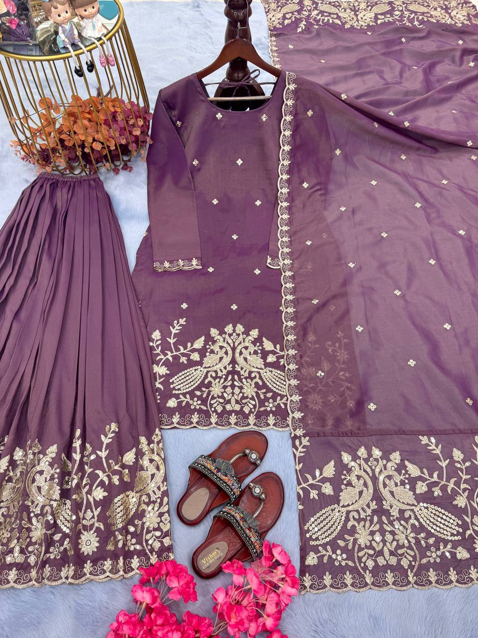 Purple Premium Designer Party Wear Twil Gold Net Top, Palazzo & Dupatta Set