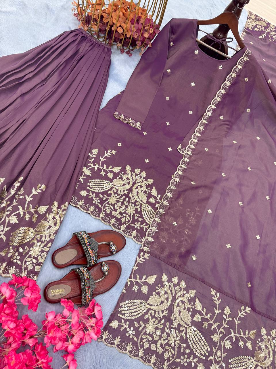 Purple Premium Designer Party Wear Twil Gold Net Top, Palazzo & Dupatta Set