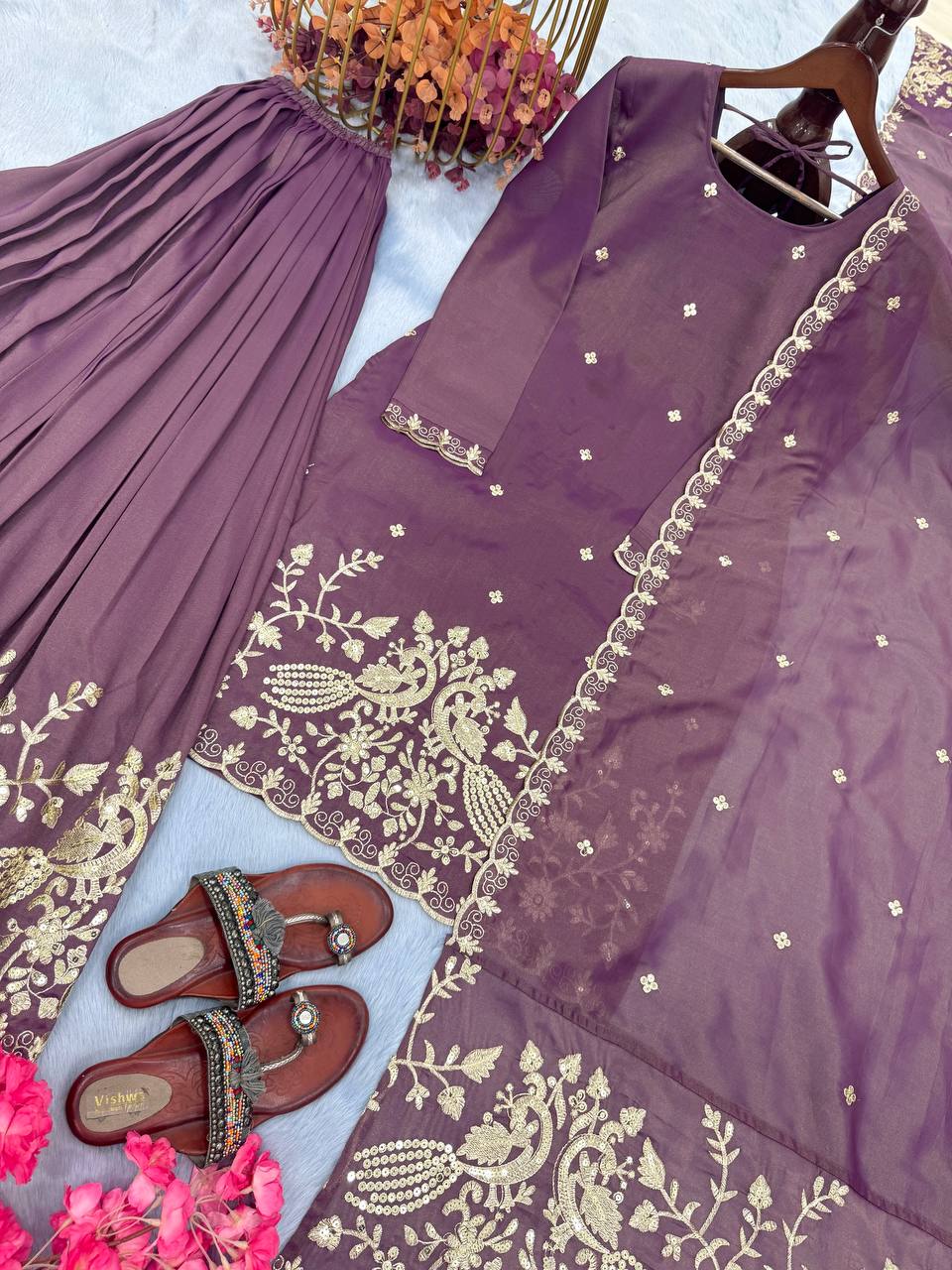 Purple Premium Designer Party Wear Twil Gold Net Top, Palazzo & Dupatta Set