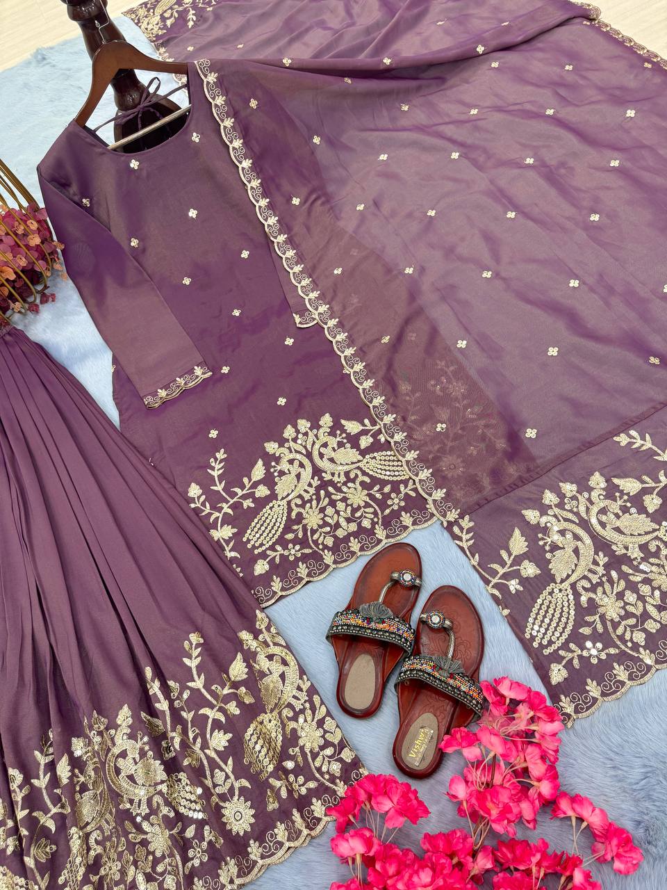 Purple Premium Designer Party Wear Twil Gold Net Top, Palazzo & Dupatta Set
