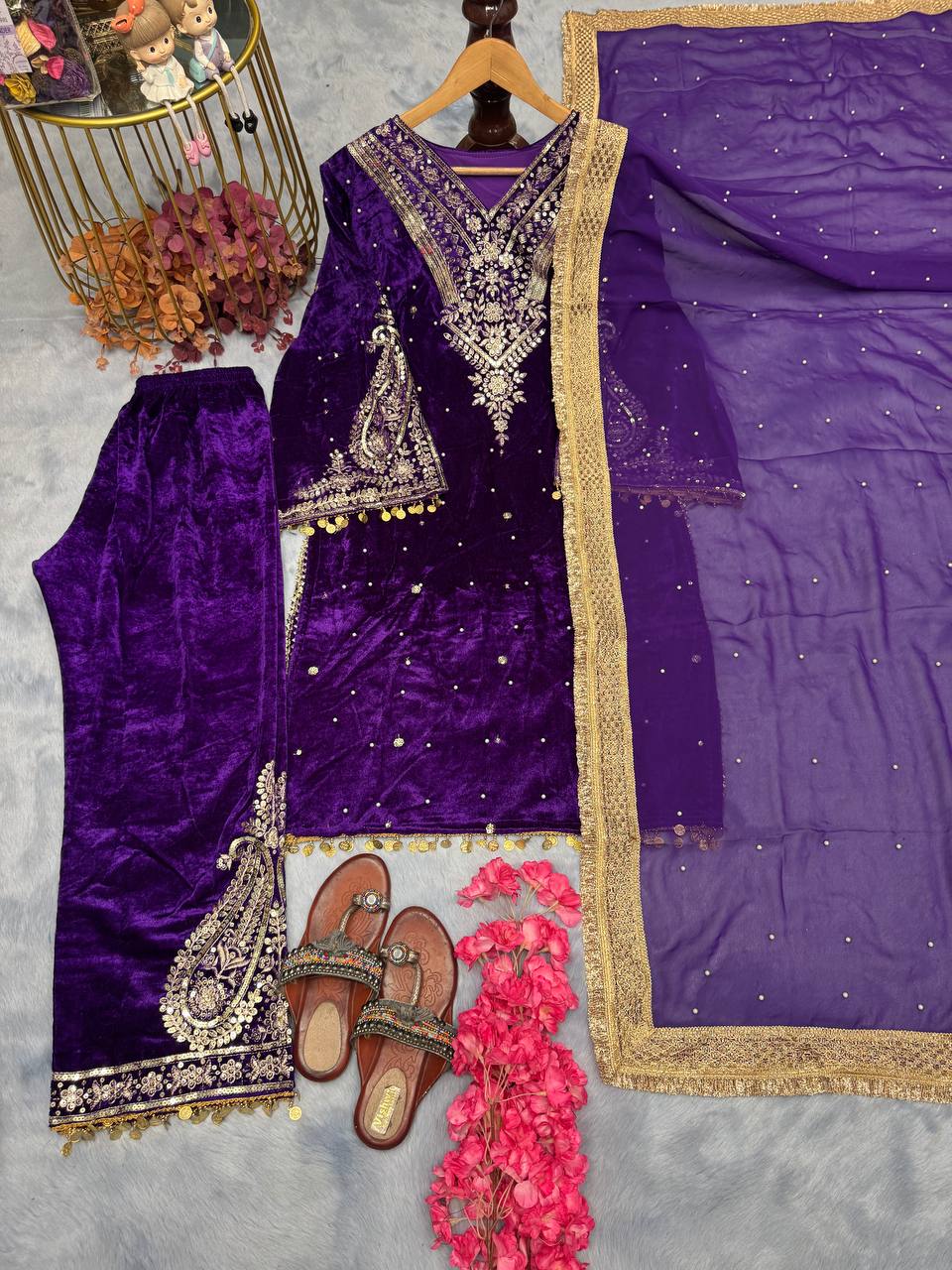 Purple  Premium Designer Party Wear Velvet Top, Palazzo & Dupatta Set