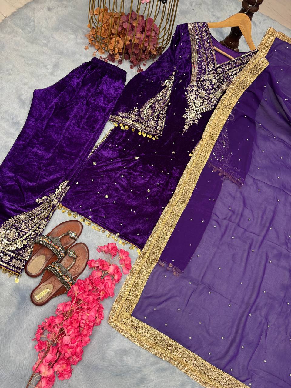 Purple  Premium Designer Party Wear Velvet Top, Palazzo & Dupatta Set