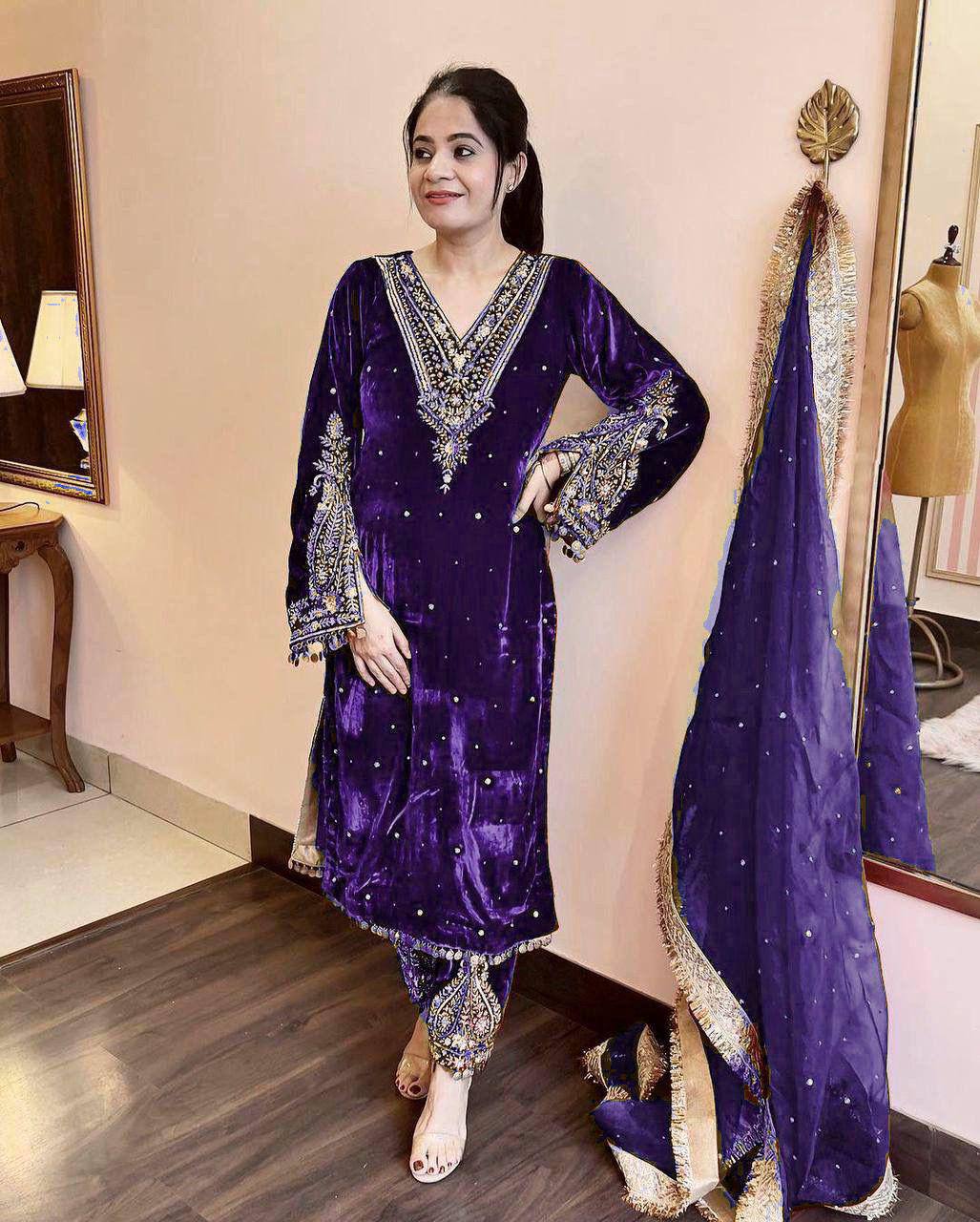 Purple  Premium Designer Party Wear Velvet Top, Palazzo & Dupatta Set