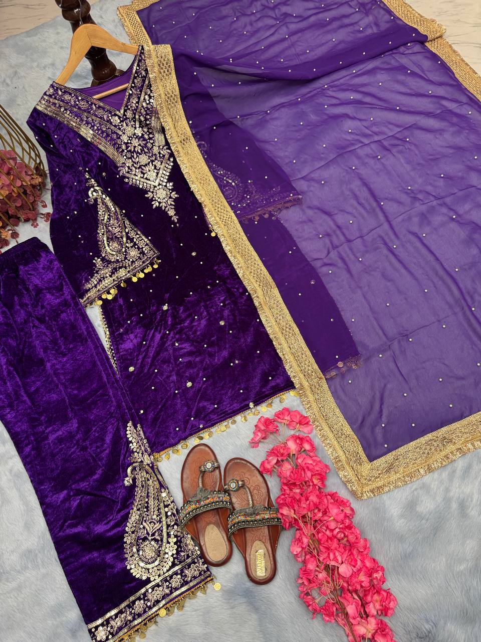 Purple  Premium Designer Party Wear Velvet Top, Palazzo & Dupatta Set