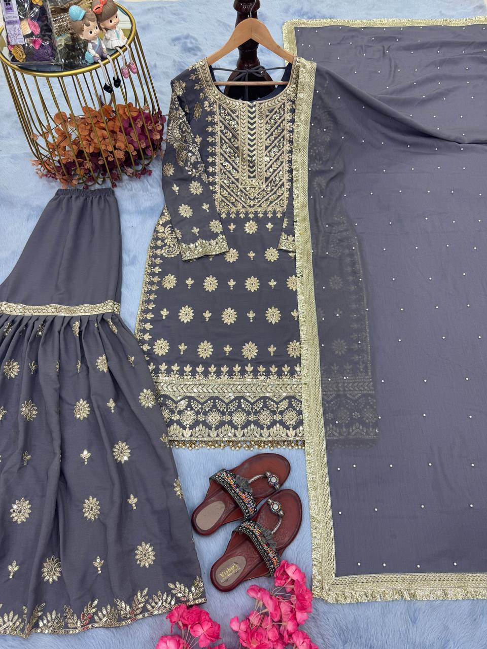 Purple Premium Designer Readymade Georgette Top, Sharara, Dupatta Set