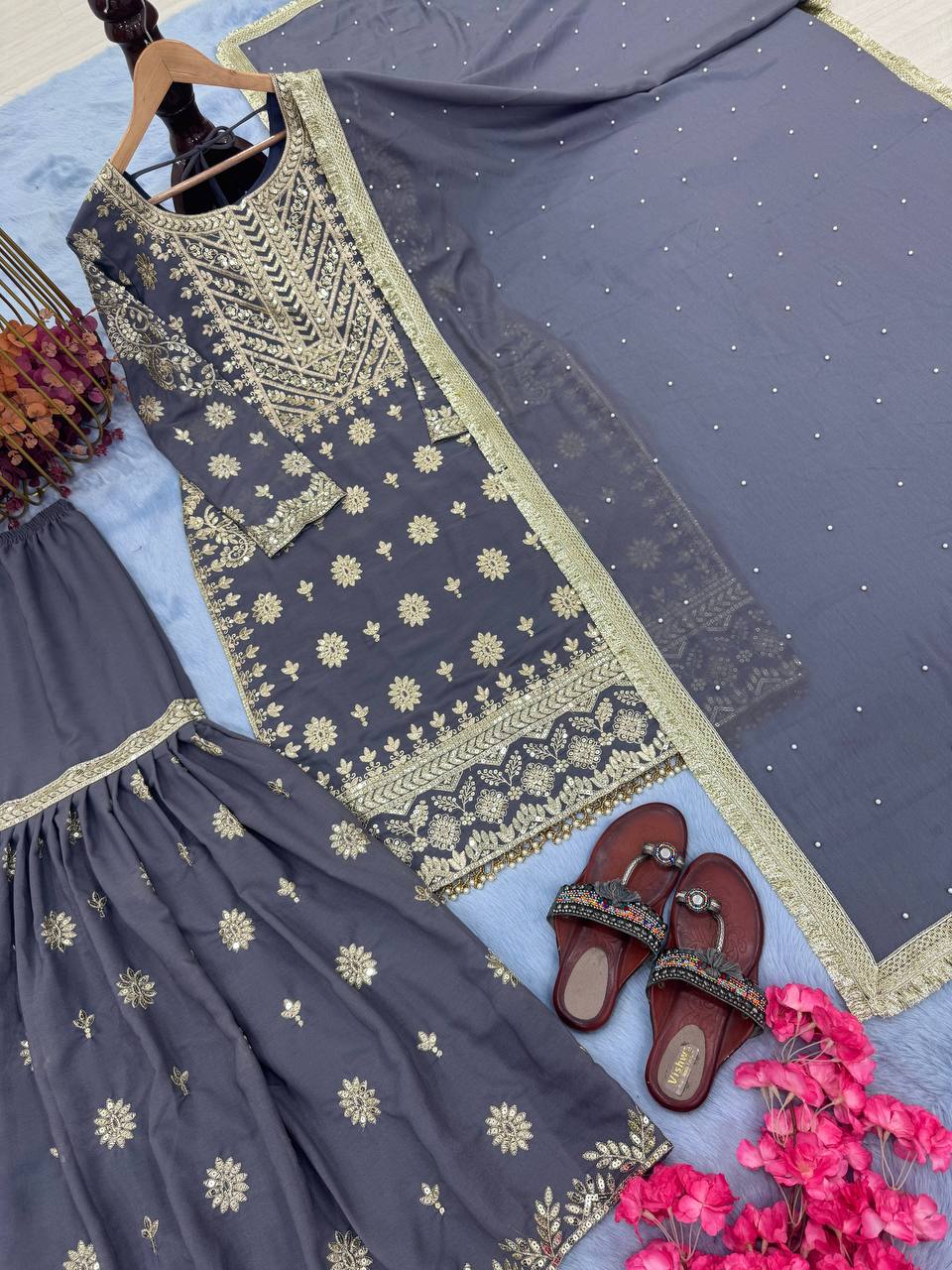 Purple Premium Designer Readymade Georgette Top, Sharara, Dupatta Set