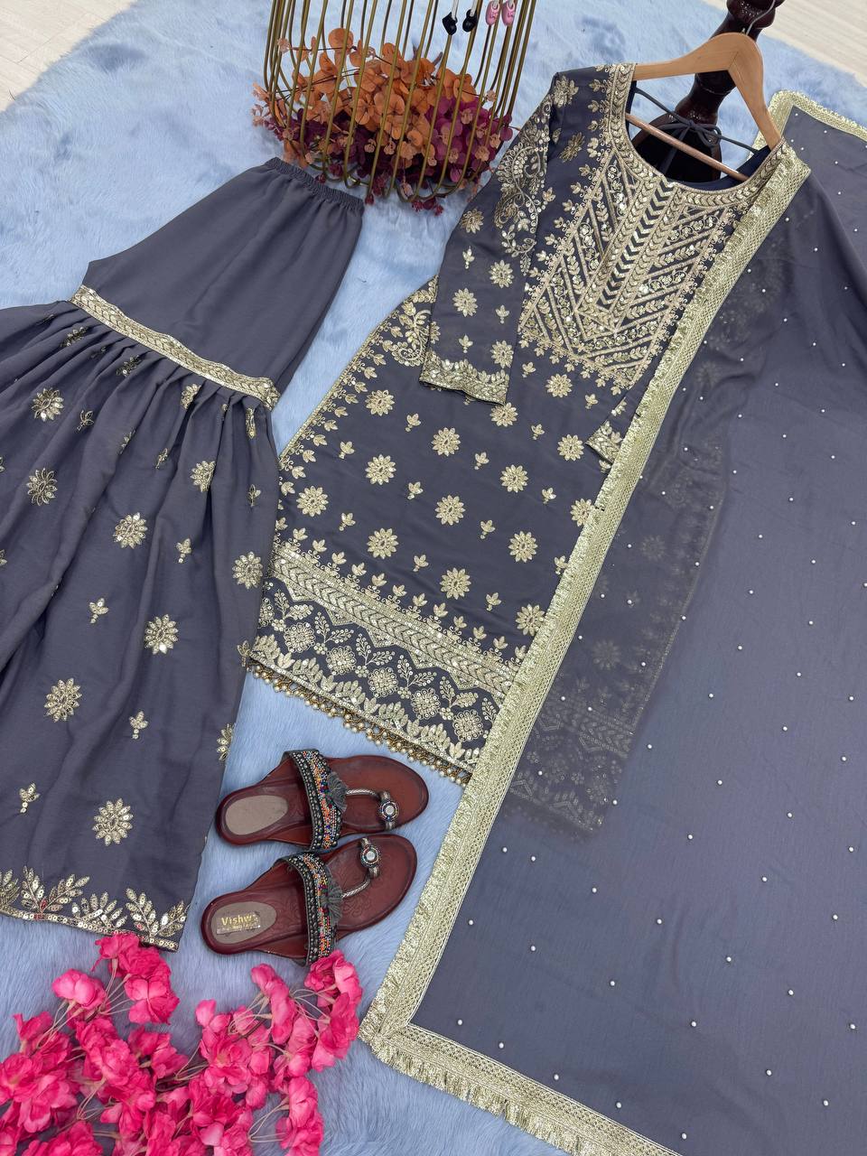 Purple Premium Designer Readymade Georgette Top, Sharara, Dupatta Set