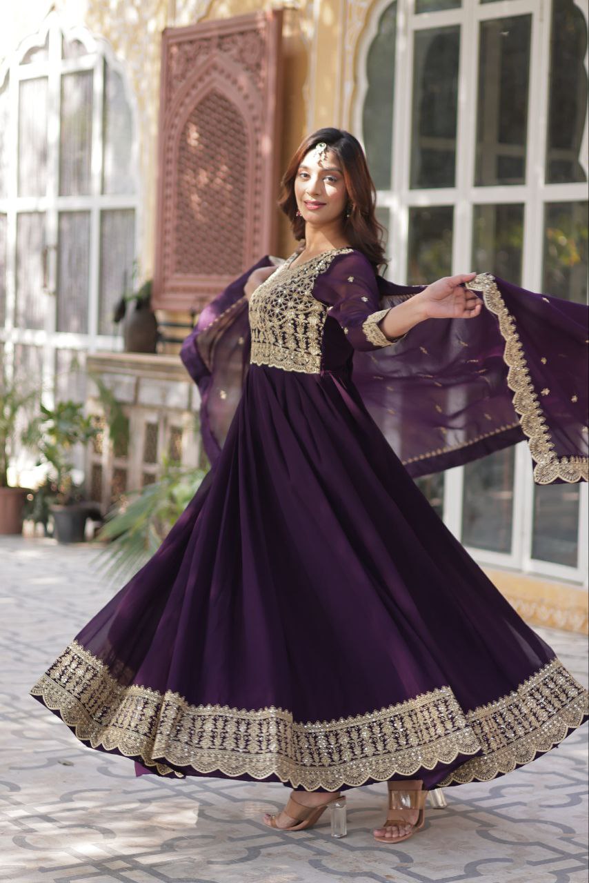 Purple Premium Designer Readymade Gown with Dupatta Collection Elegant Embroidered Faux Blooming Design