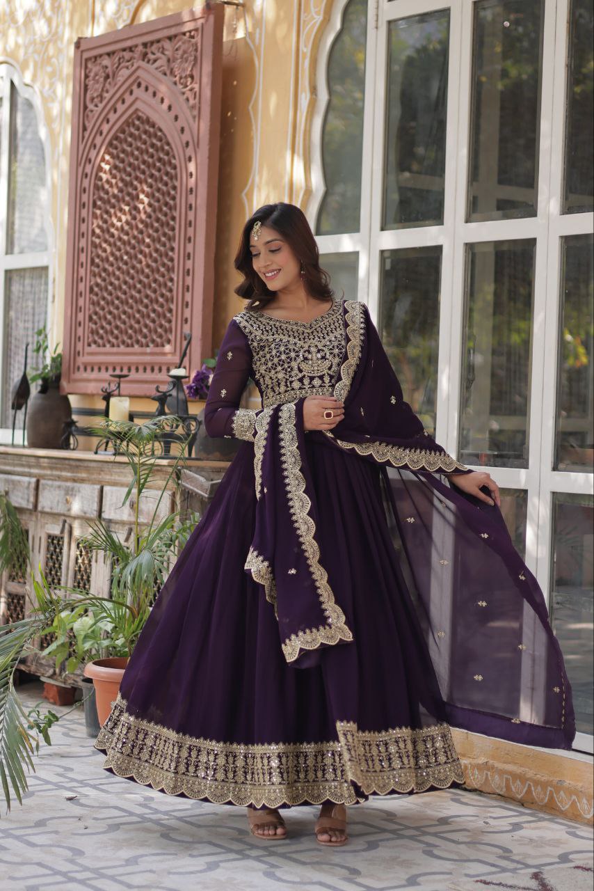 Purple Premium Designer Readymade Gown with Dupatta Collection Elegant Embroidered Faux Blooming Design