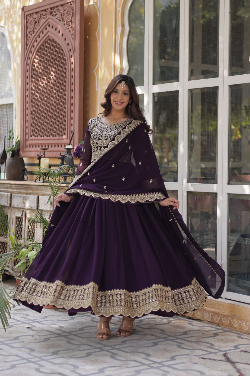 Purple Premium Designer Readymade Gown with Dupatta Collection Elegant Embroidered Faux Blooming Design