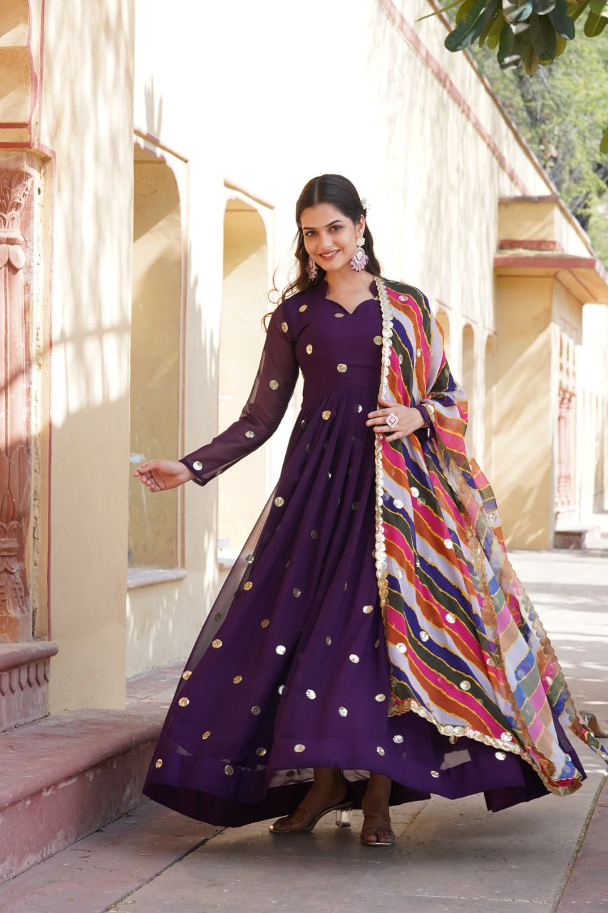 Purple Premium Designer Readymade Gown with Embroidered Zari & Sequins