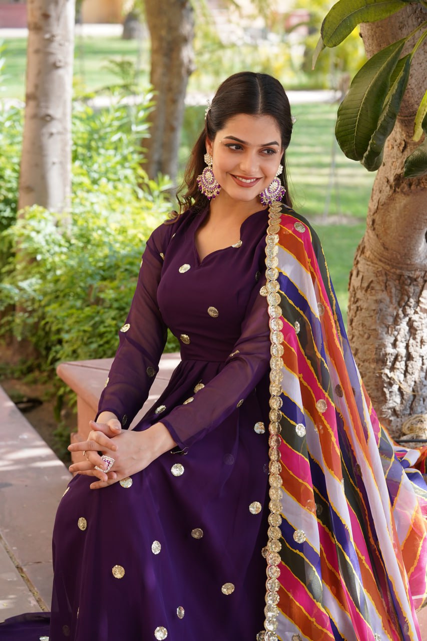 Purple Premium Designer Readymade Gown with Embroidered Zari & Sequins