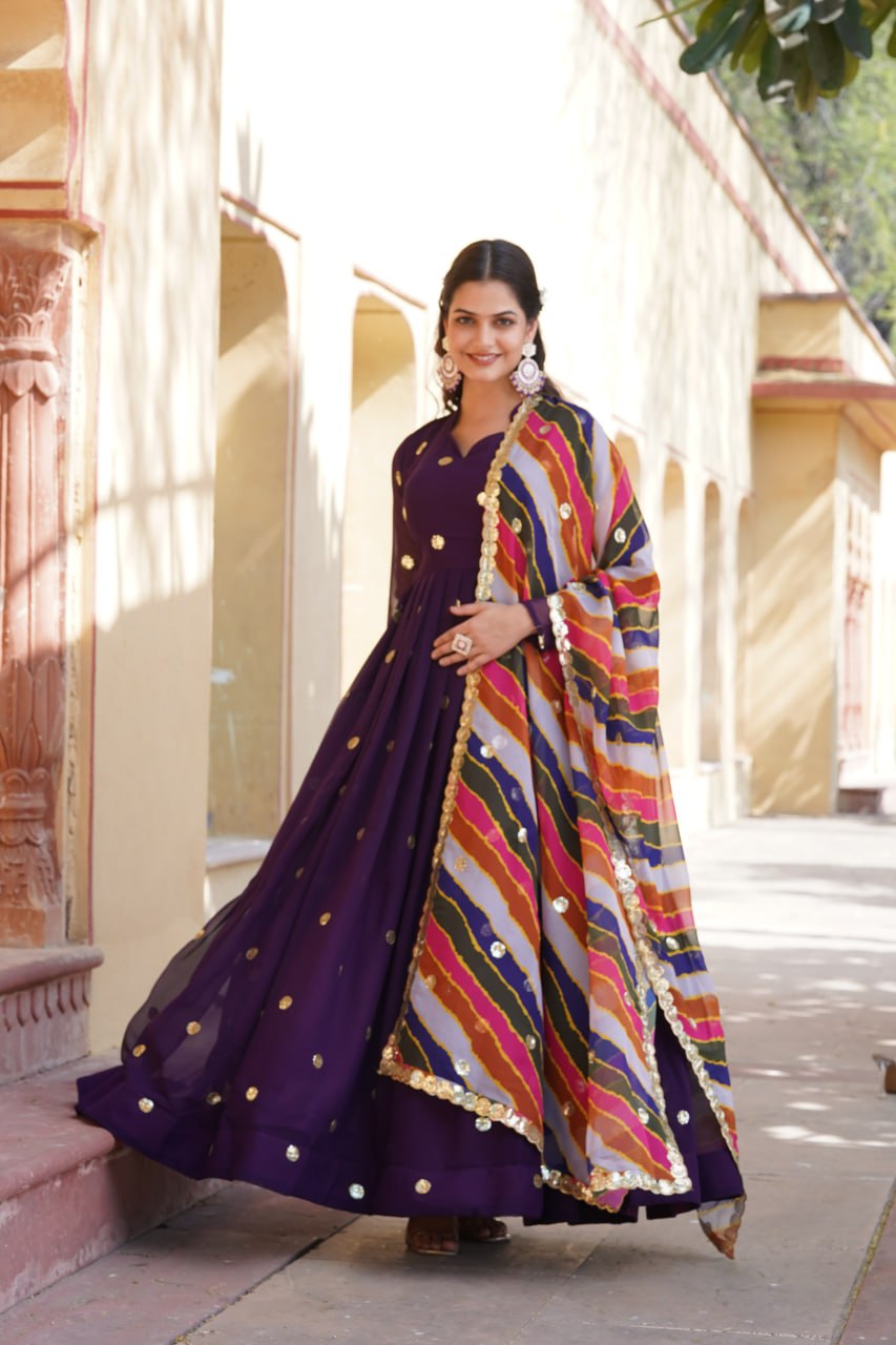 Purple Premium Designer Readymade Gown with Embroidered Zari & Sequins