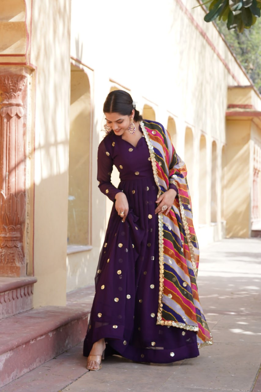 Purple Premium Designer Readymade Gown with Embroidered Zari & Sequins