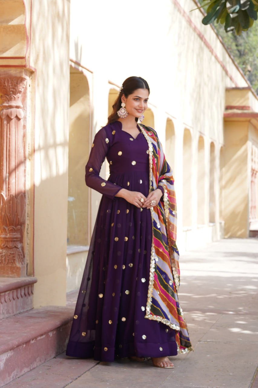 Purple Premium Designer Readymade Gown with Embroidered Zari & Sequins