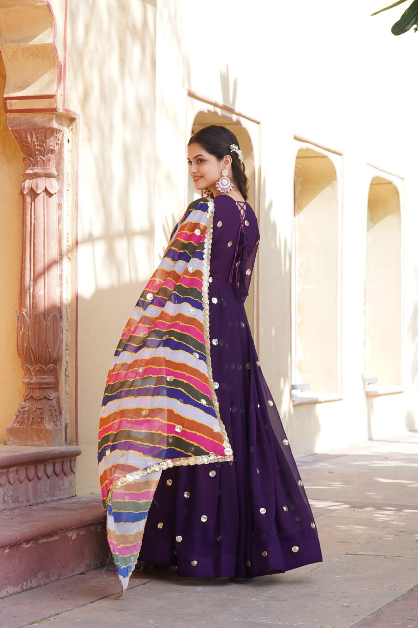 Purple Premium Designer Readymade Gown with Embroidered Zari & Sequins