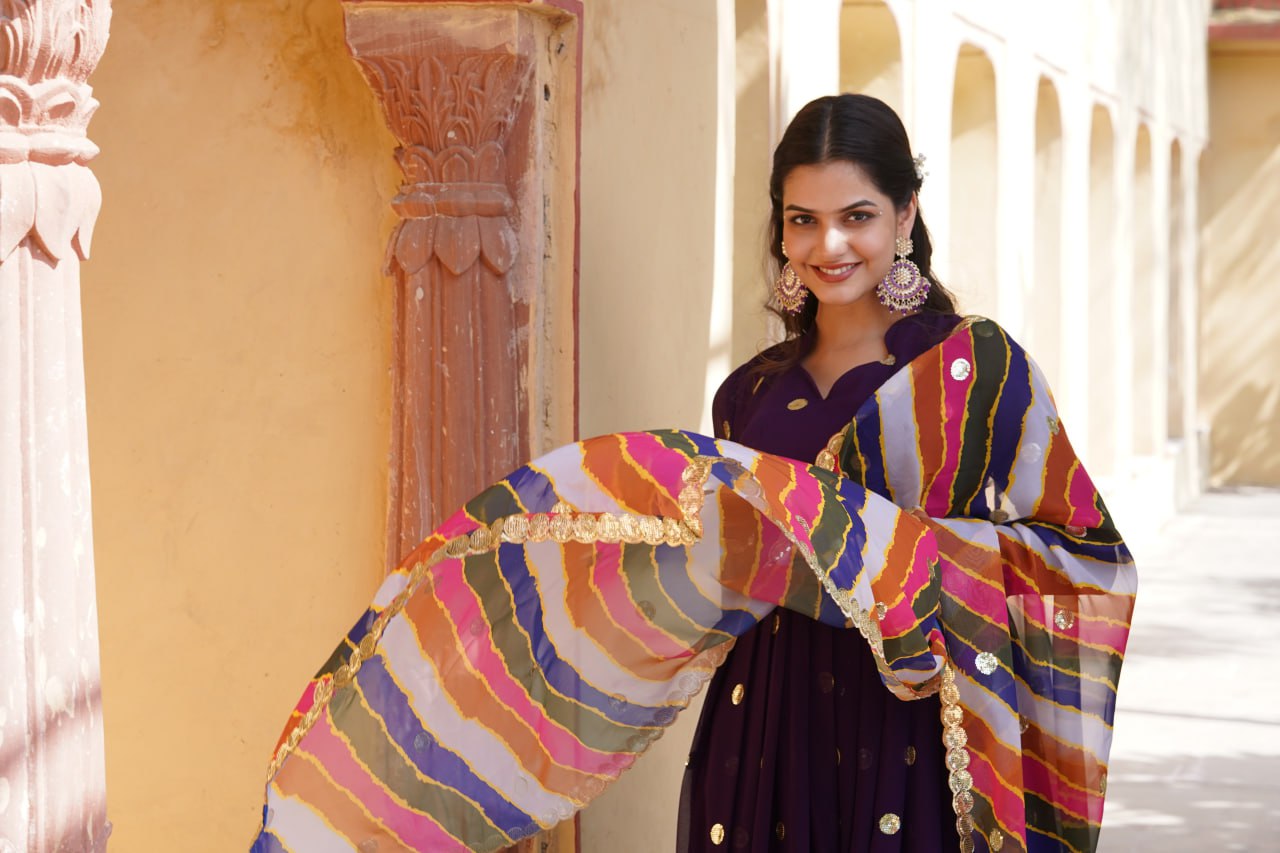 Purple Premium Designer Readymade Gown with Embroidered Zari & Sequins