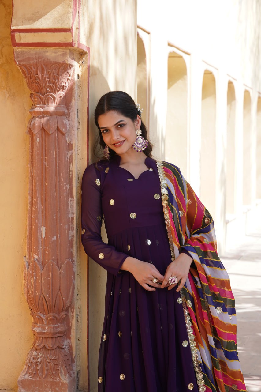 Purple Premium Designer Readymade Gown with Embroidered Zari & Sequins