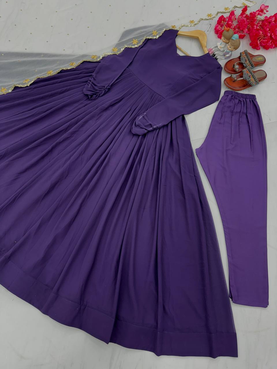 Purple Premium Designer Readymade Party Wear Gown, With Dupatta Set