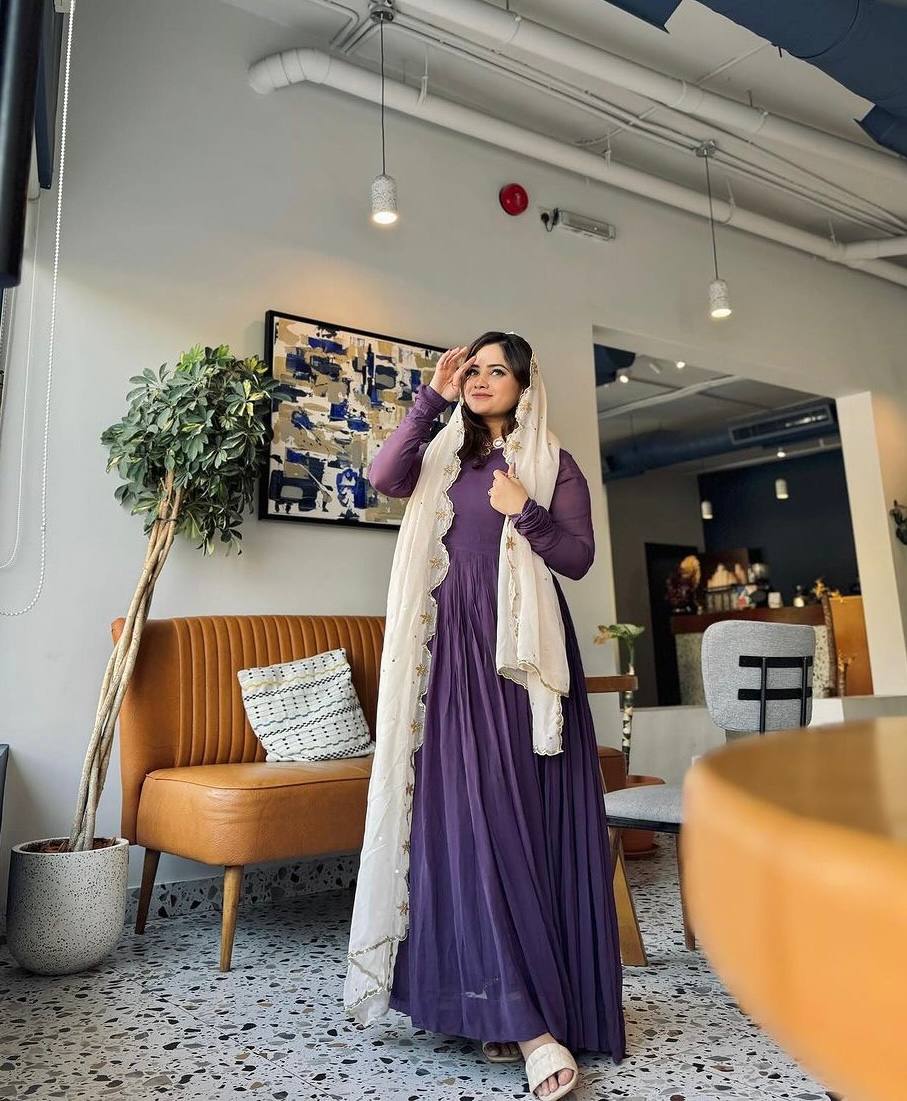 Purple Premium Designer Readymade Party Wear Gown, With Dupatta Set