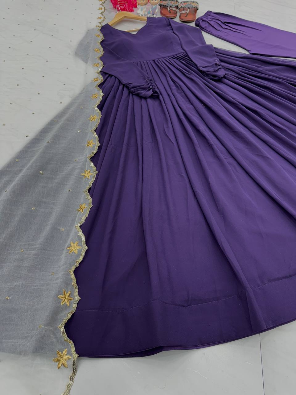 Purple Premium Designer Readymade Party Wear Gown, With Dupatta Set