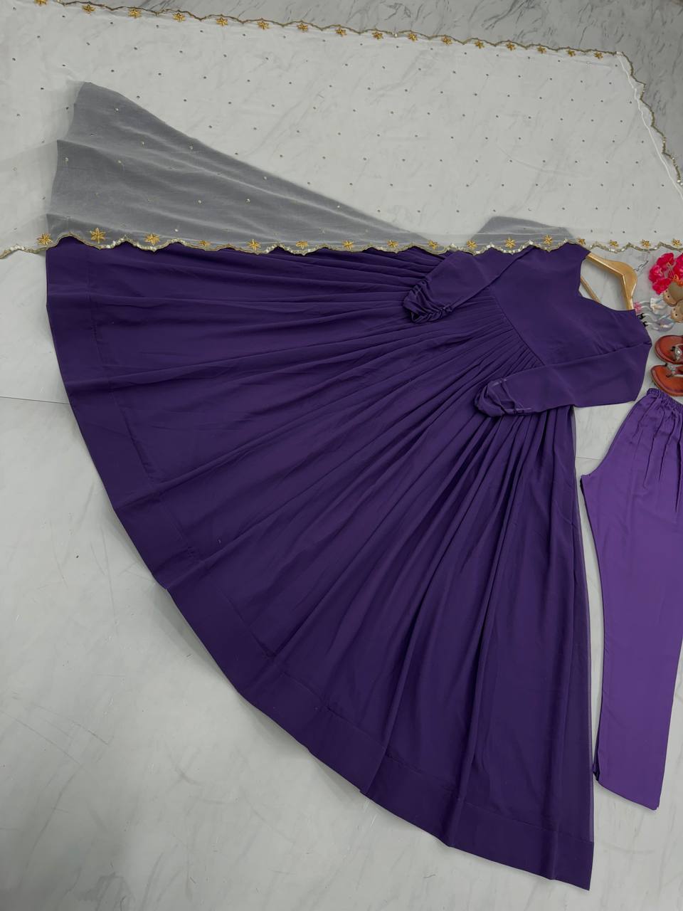 Purple Premium Designer Readymade Party Wear Gown, With Dupatta Set