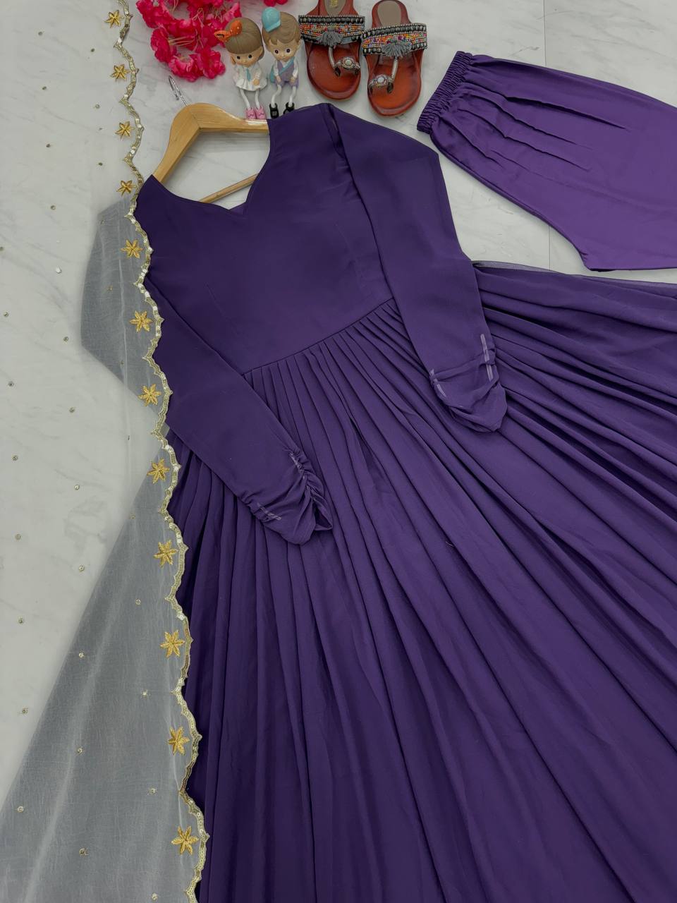 Purple Premium Designer Readymade Party Wear Gown, With Dupatta Set