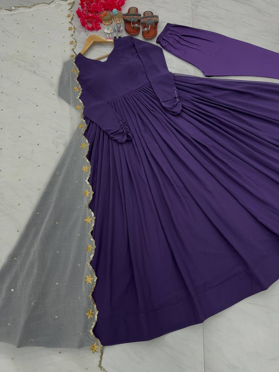 Purple Premium Designer Readymade Party Wear Gown, With Dupatta Set