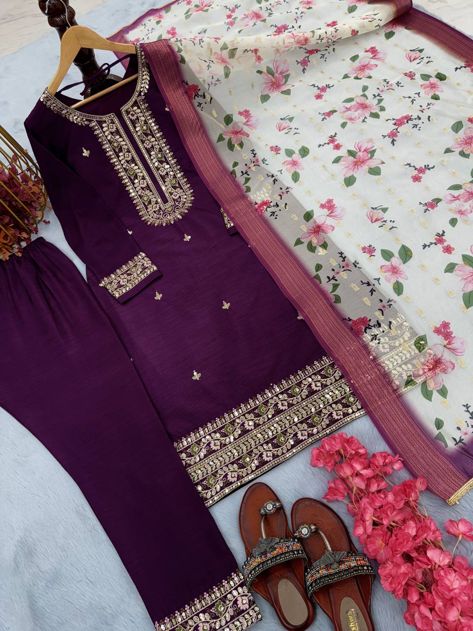 Purple Premium Designer Readymade Top & Bottom Set with Elegant Dupatta – Party Wear Collection