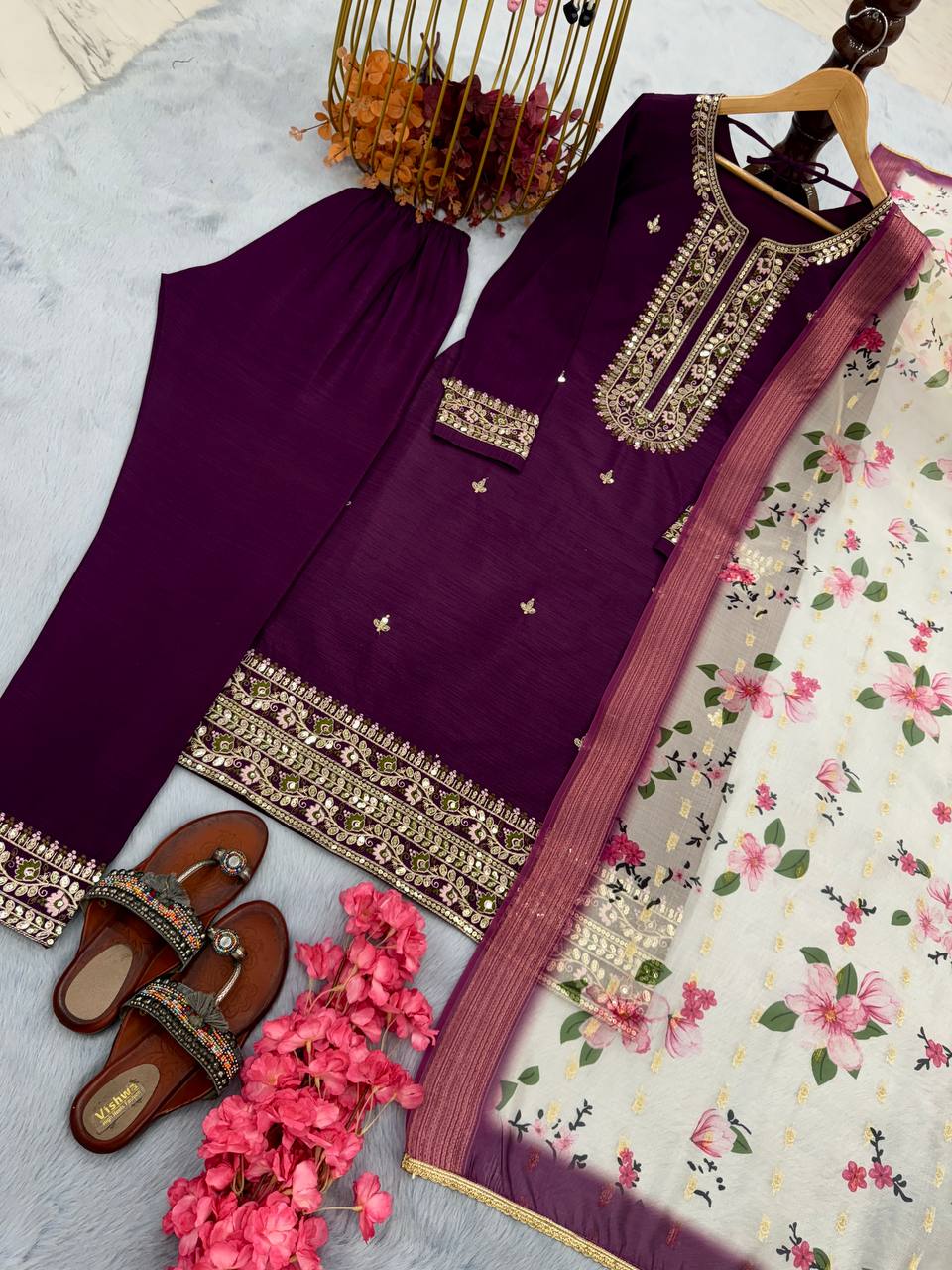 Purple Premium Designer Readymade Top & Bottom Set with Elegant Dupatta – Party Wear Collection