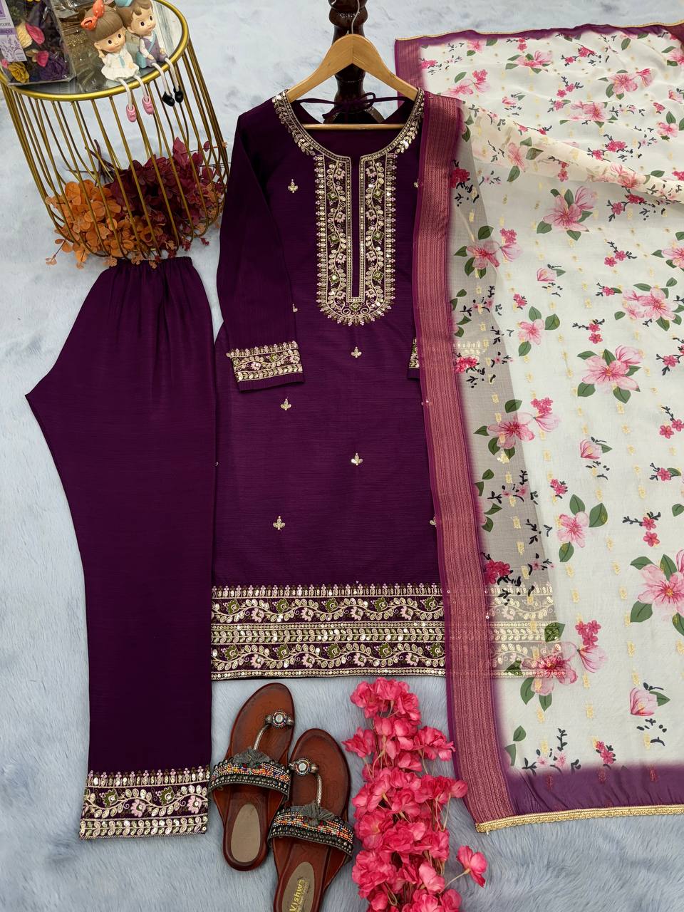 Purple Premium Designer Readymade Top & Bottom Set with Elegant Dupatta – Party Wear Collection